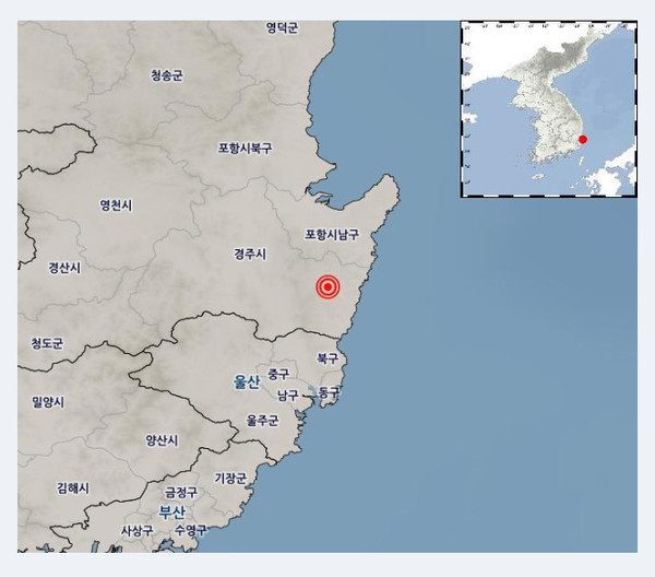 30일 오전 4시 55분 25초 지진이 발생했던 경북 경주시 동남동쪽 19km 지역 / 사진 = 기상청 제공.